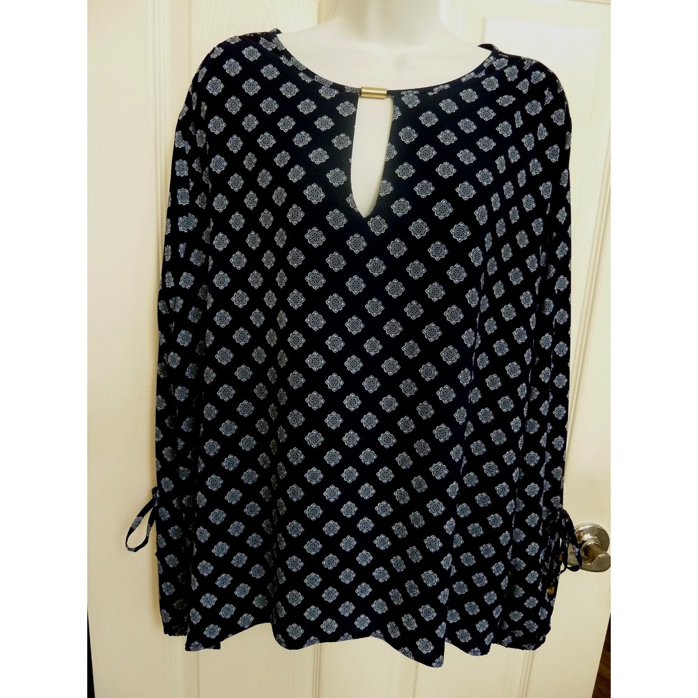 Michael Kors XL Blue Medallion Blouse Tie Sleeve Career Office Pullover NWT